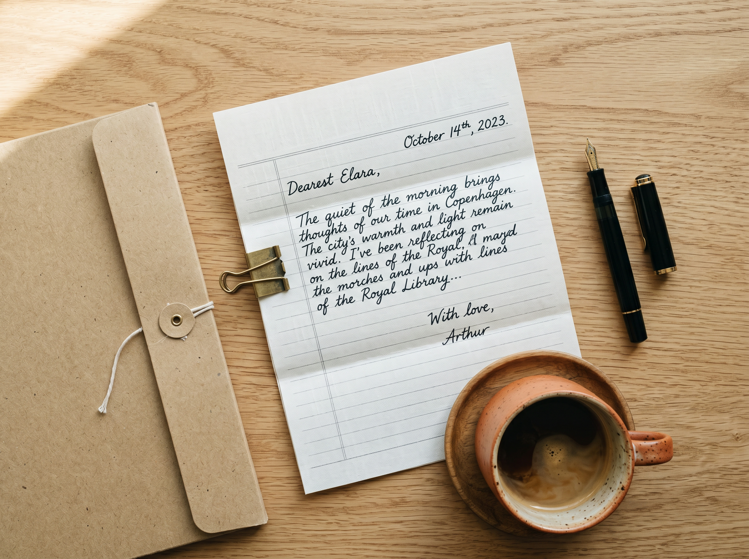 Overhead view of a professional workspace for therapy practice operations — fountain pen, linen paper, and a terracotta coffee cup