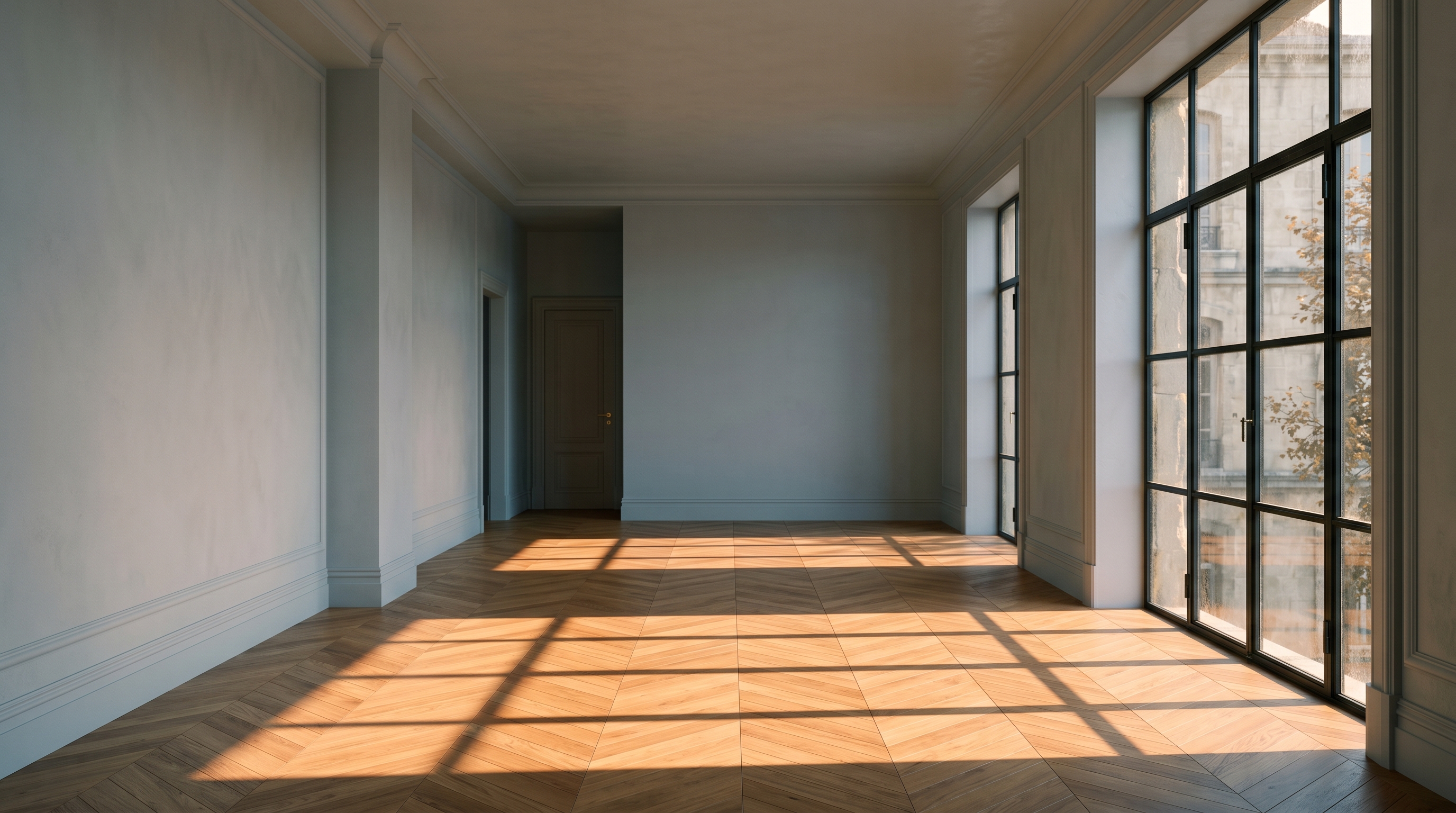 Empty refined classic interior representing an ideal independent therapy practice office with sunlight on oak parquet floor